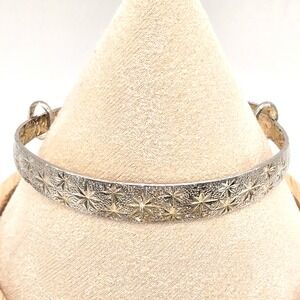 S999 Fine Silver Star Embossed Adjustable Bangle Bracelet Textured Cuff